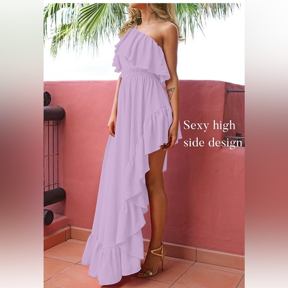 NWT Boho One Shoulder Ruffle Asymmetrical High Low Flowy Prom Gown Long Dress - Picture 3 of 5